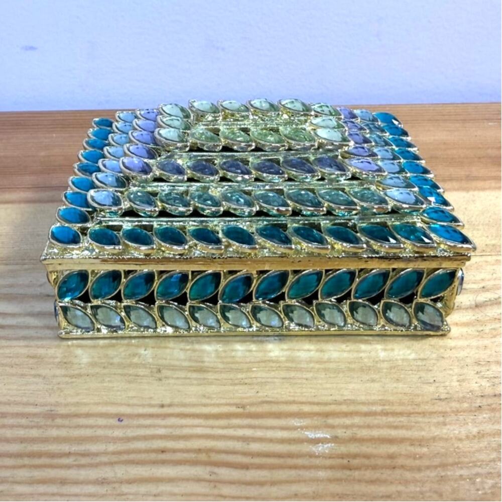 Jeweled Trinket Jewelry Box Gold Tone Blue Green Purple Rhinestone Velvet 3X2"